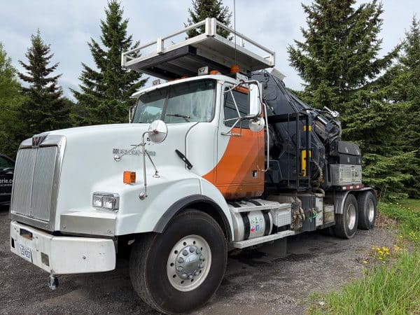 Camion d'entretien arboricole Westernstar 4900SA avec Hiab panier et grapple saw-Année:2004-550.000km-Stock#E1319B/10449